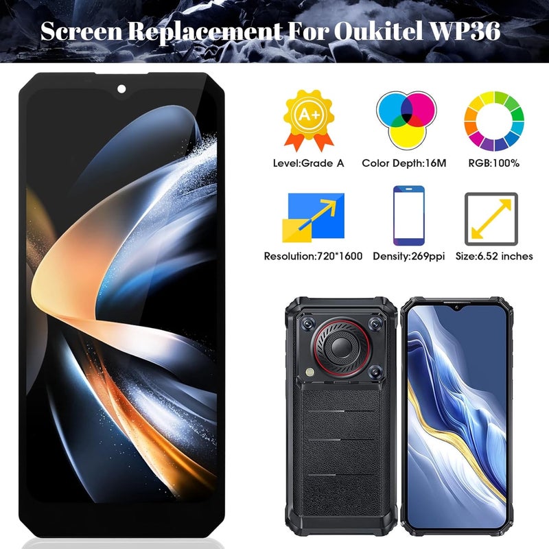 SRJTEK استبدال شاشة Oukitel WP36 لشاشة LCD Oukitel WP36 لمجموعة إصلاح شاشة اللمس Oukitel WP36 6.52 بوصة (أسود، إصدار أندرويد 13) - Image 2